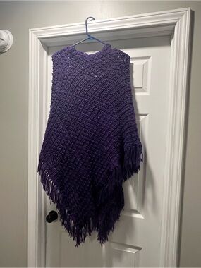 Purple Knit Fringe Poncho